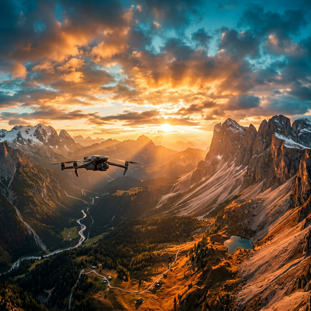Camera drone flying over mountains during golden hour aerial photography