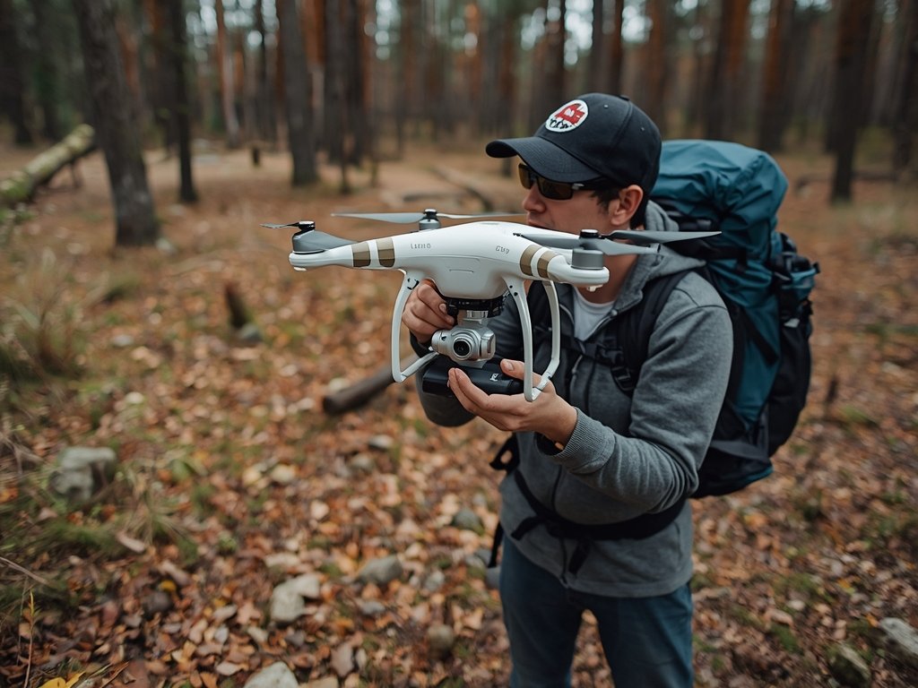 A backpacker setting up a drone for flight in a