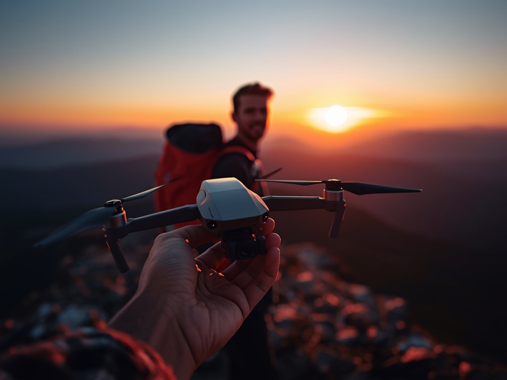 A backpacker standing on a mountain peak, holding a compact