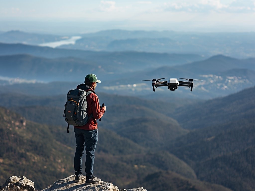 A backpacker standing on a mountain peak, overlooking a vast