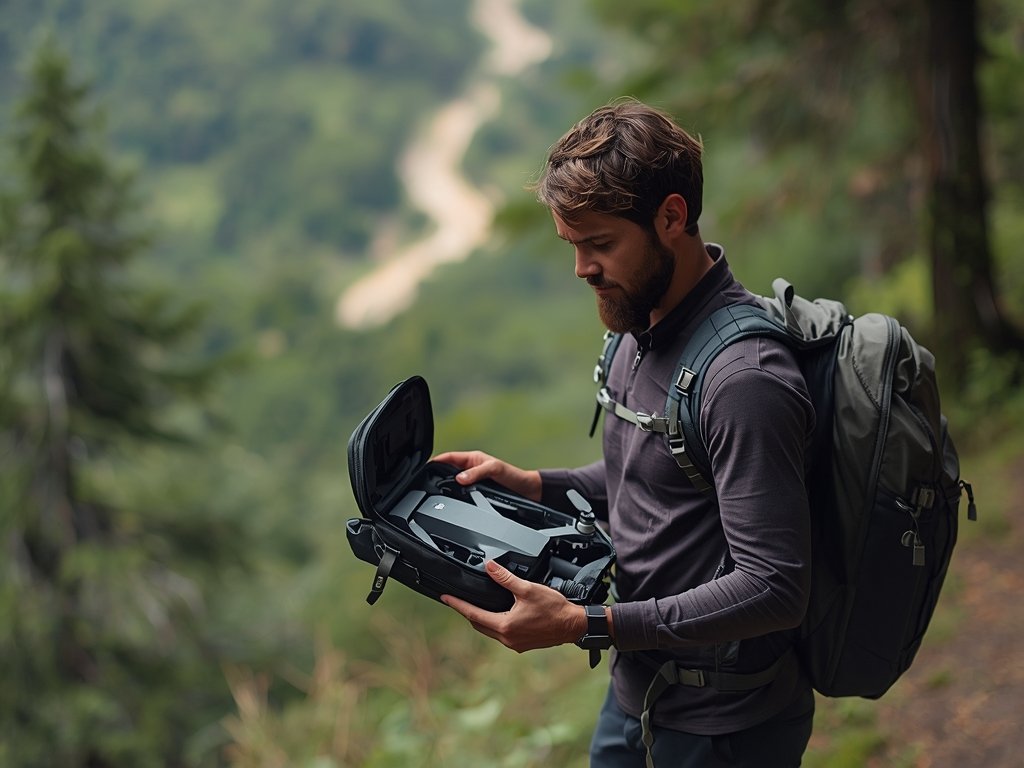 A backpacker unpacking a lightweight drone from their backpack, surrounded