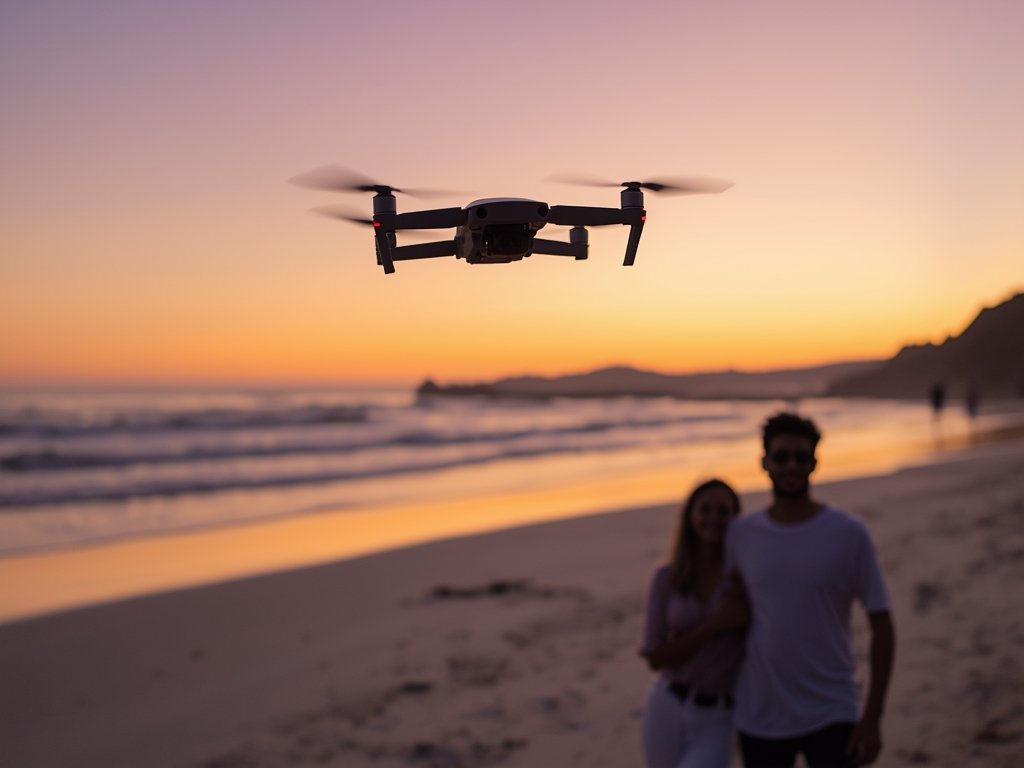 A beginner pilot confidently flying a drone over a picturesque