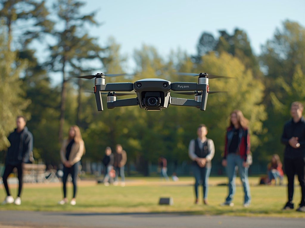 A beginner pilot flying an FPV drone in a spacious