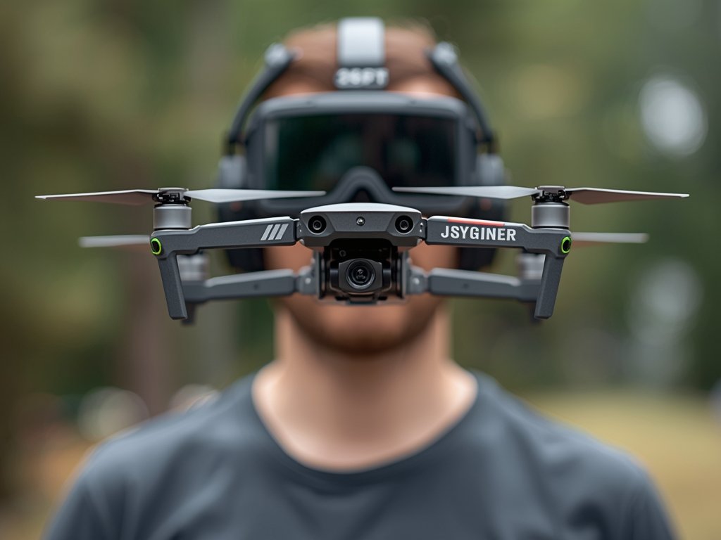 A beginner pilot wearing FPV goggles, with a drone hovering
