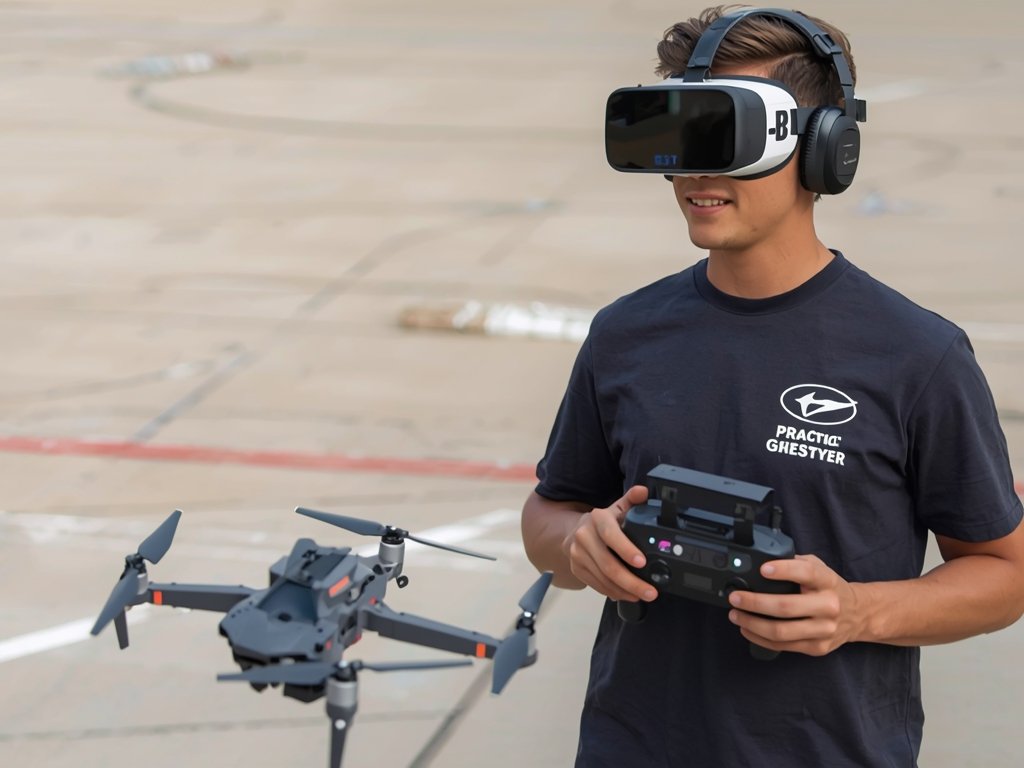 A beginner pilot wearing FPV goggles, holding a controller, and