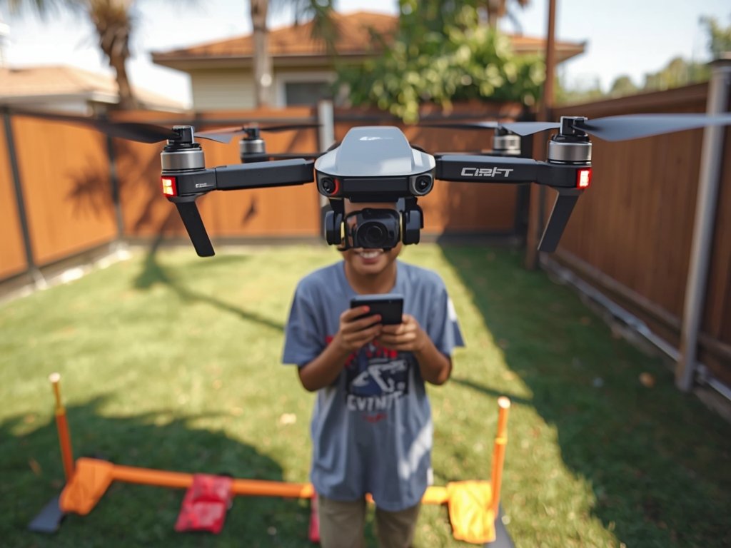 A beginner pilot wearing FPV goggles, flying a drone through