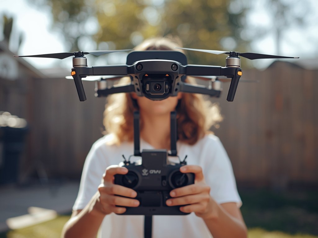 A beginner pilot wearing VR goggles, hands gripping a transmitter,