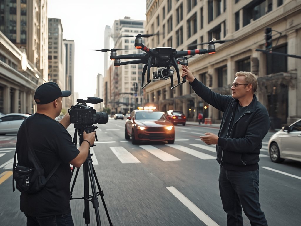 A behind-the-scenes shot of a film crew using a heavy