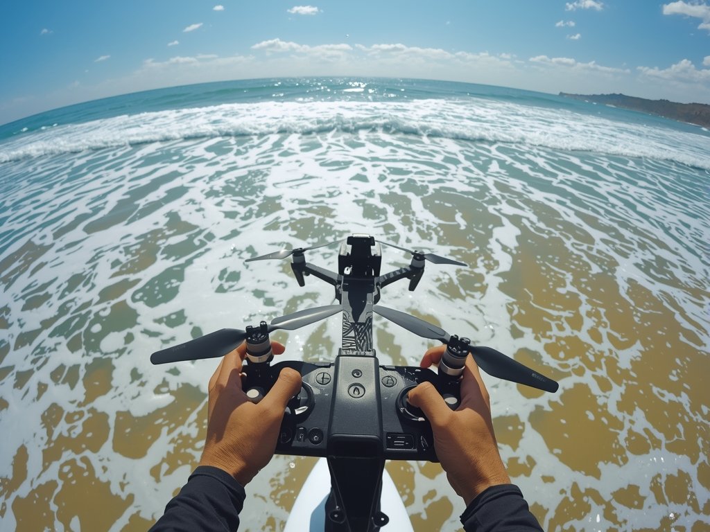 A behind-the-scenes shot of a surfer controlling a waterproof drone