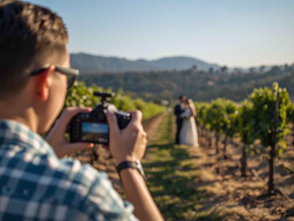 A behind-the-scenes shot of a wedding photographer operating a drone,