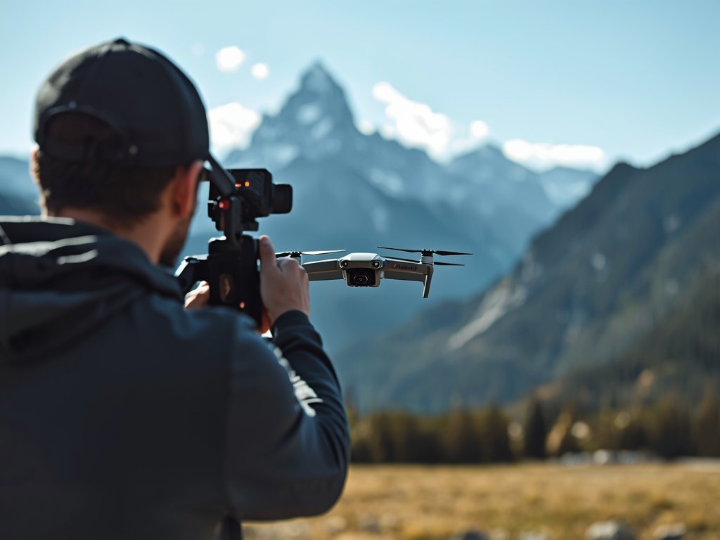 A behind-the-scenes shot of a YouTuber setting up their drone