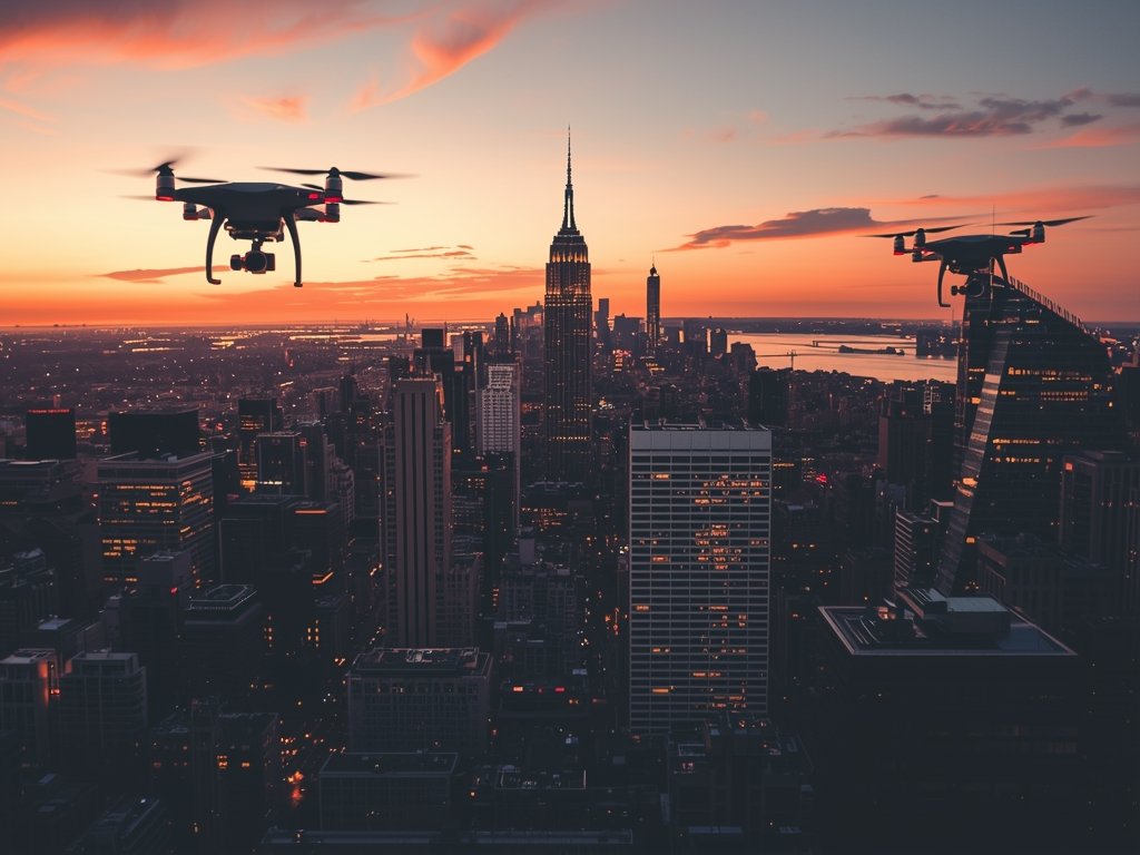 A breathtaking aerial view of a bustling American city skyline