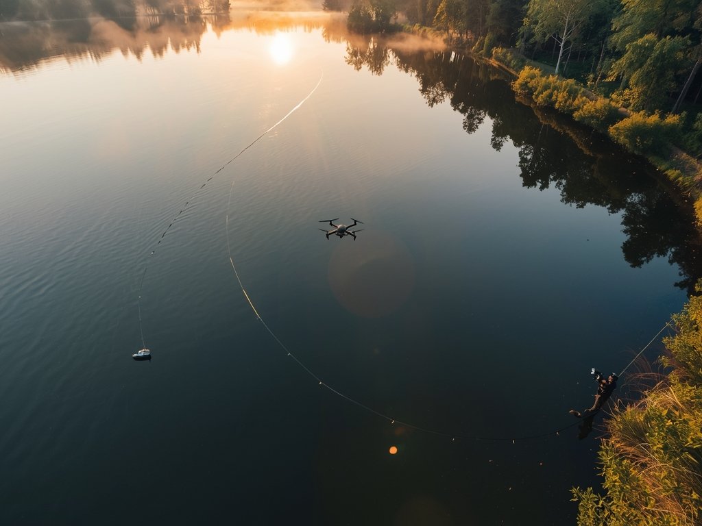 A breathtaking aerial view of a serene lake at sunrise,