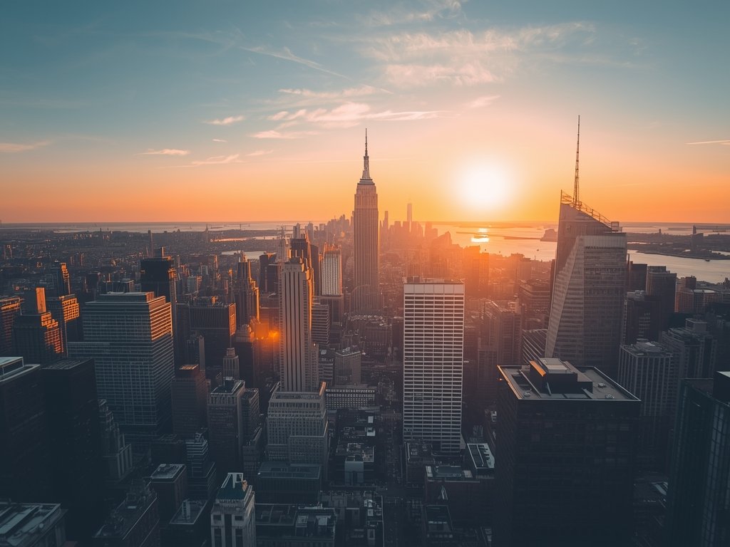 A breathtaking aerial view of the Manhattan skyline at sunset,