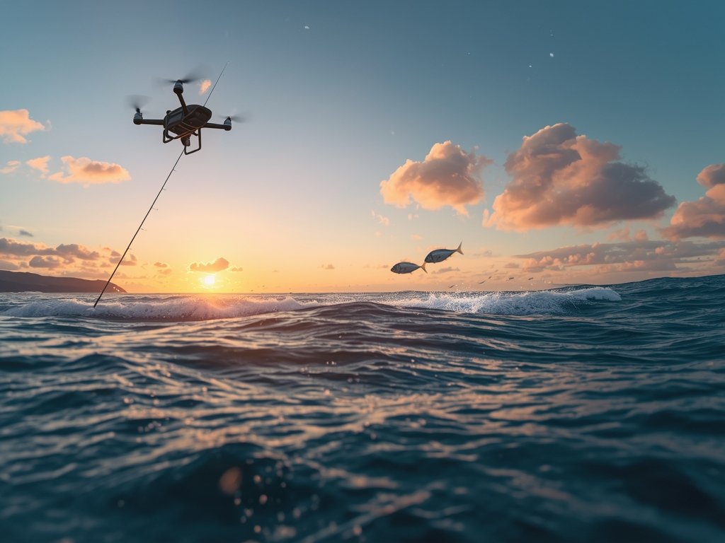 A breathtaking coastal scene at sunrise, with a drone soaring