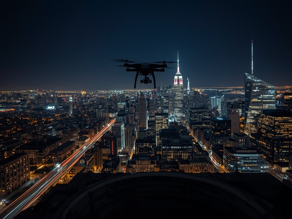 A breathtaking night cityscape with a drone hovering above, capturing