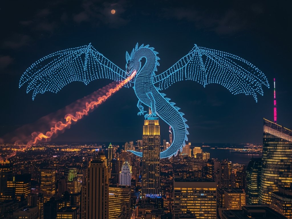 A breathtaking night sky over a bustling American city, where