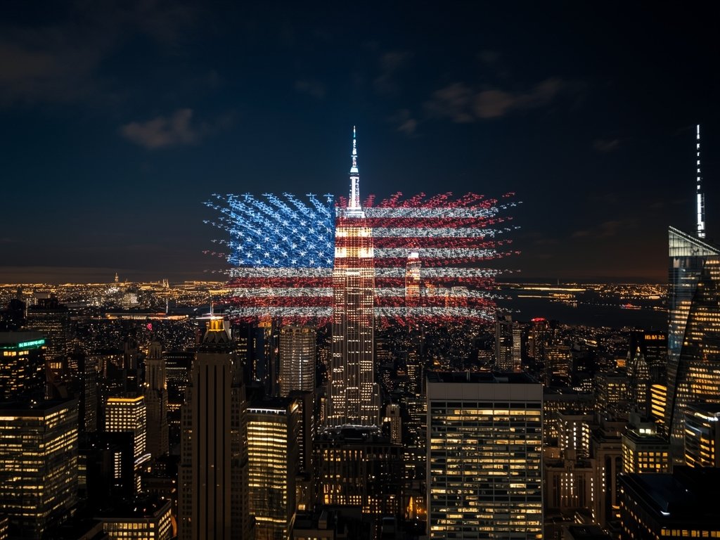 A breathtaking nighttime cityscape with a massive drone swarm forming