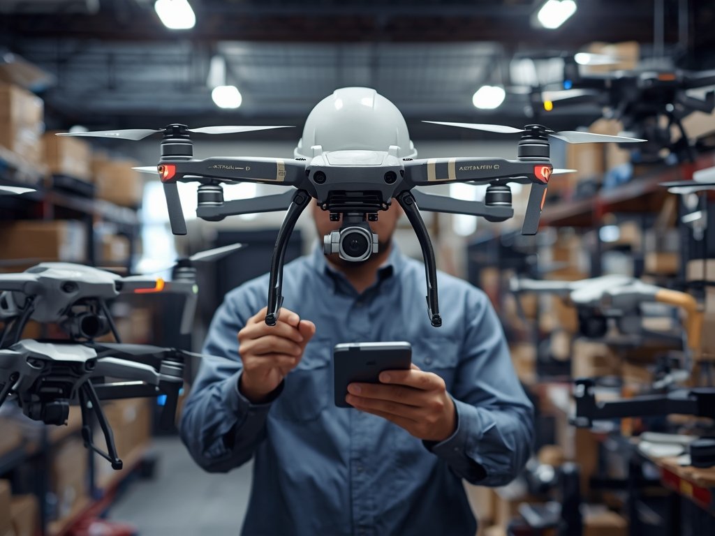 A business owner examining a heavy lift drone, surrounded by