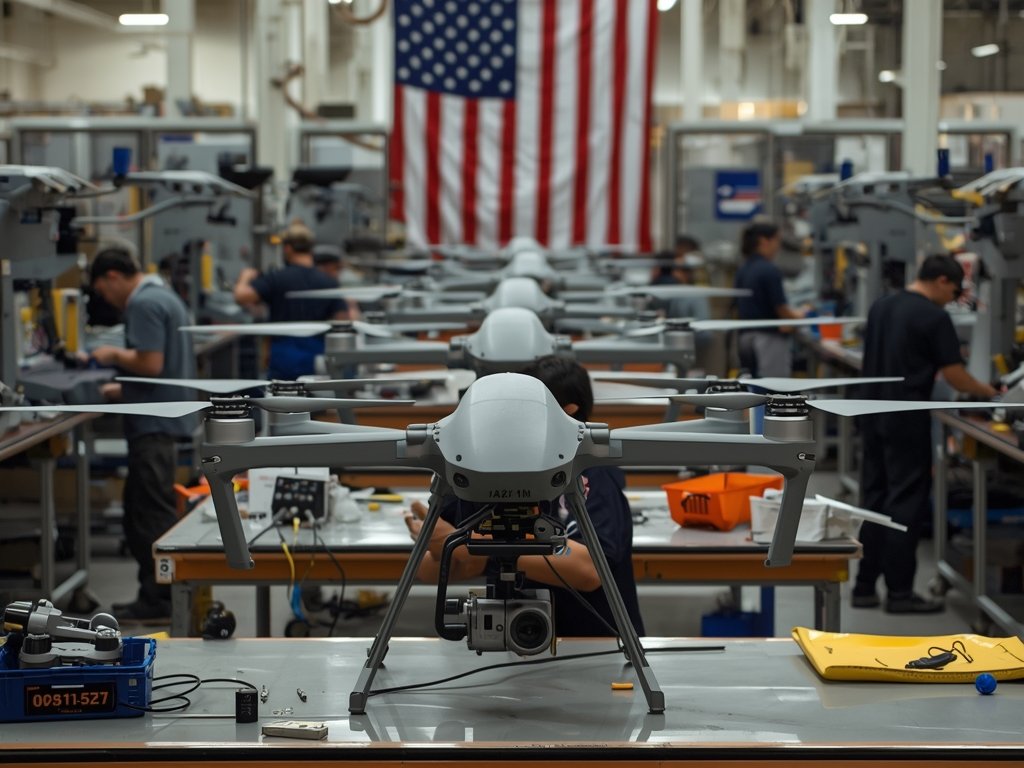 A bustling drone manufacturing facility in the United States, with