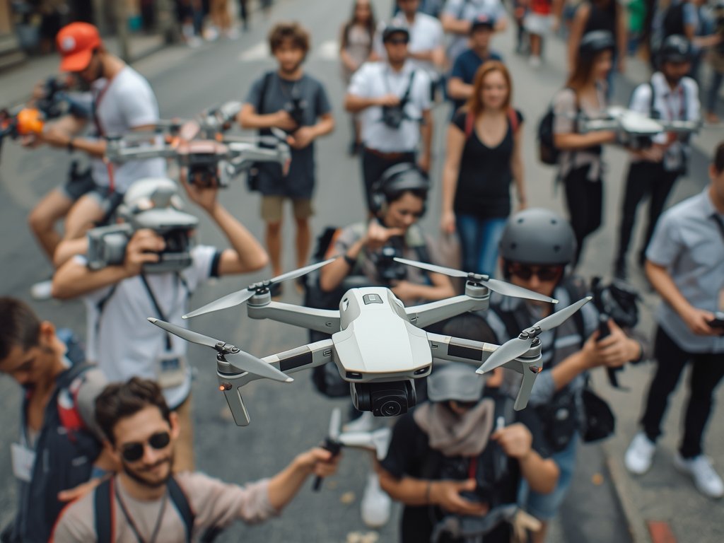 A bustling drone tour operation with multiple pilots, drones, and