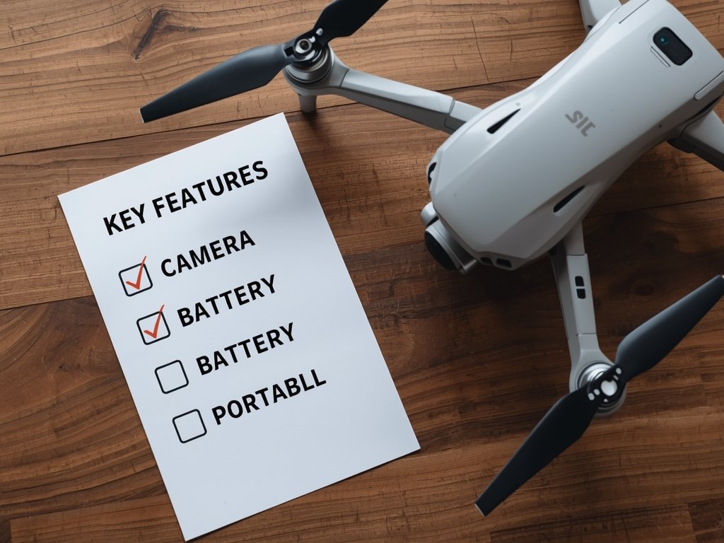 A checklist with icons representing key features like camera quality,
