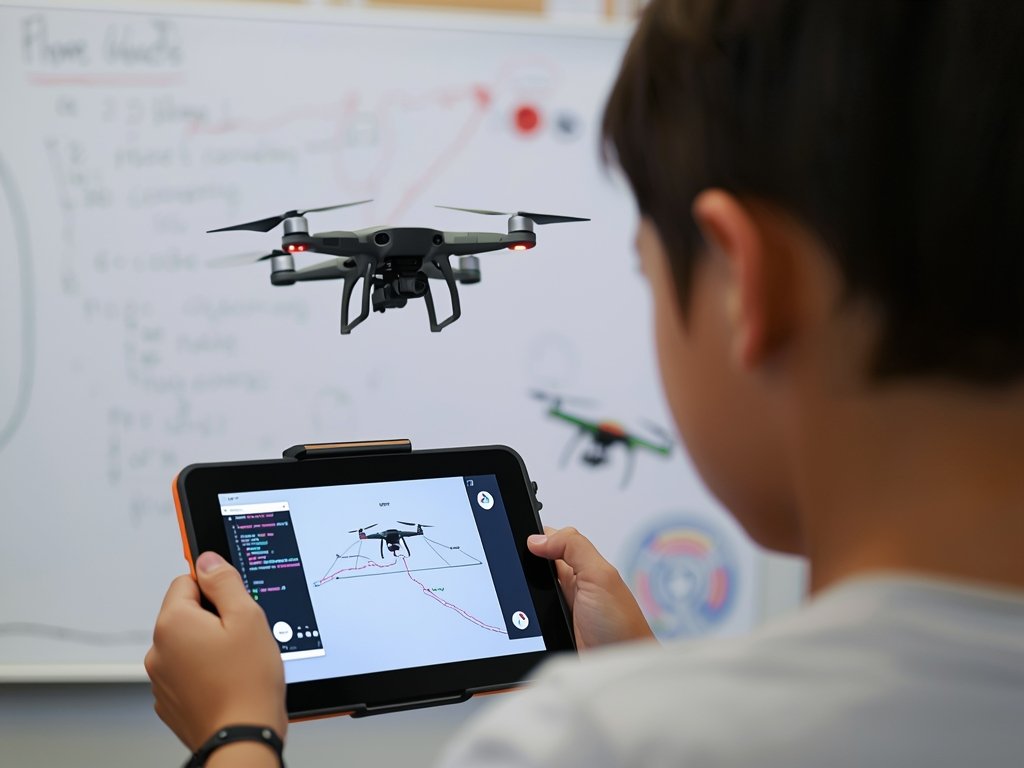 A child using a tablet to program a drone, with