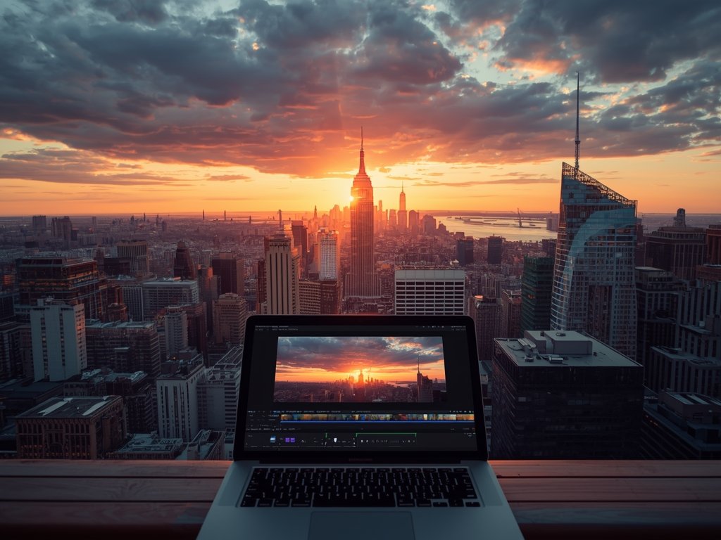 A cinematic drone shot of a bustling New York City
