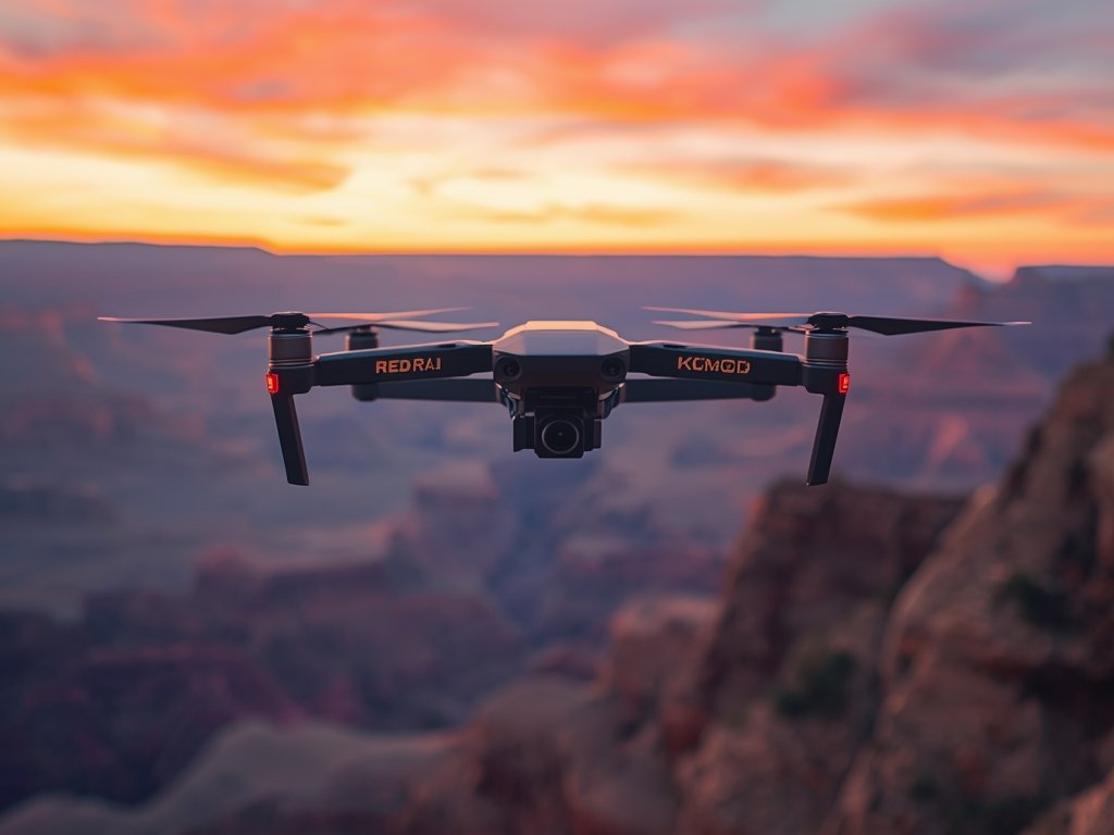 A cinematic drone shot of the Grand Canyon at sunset,