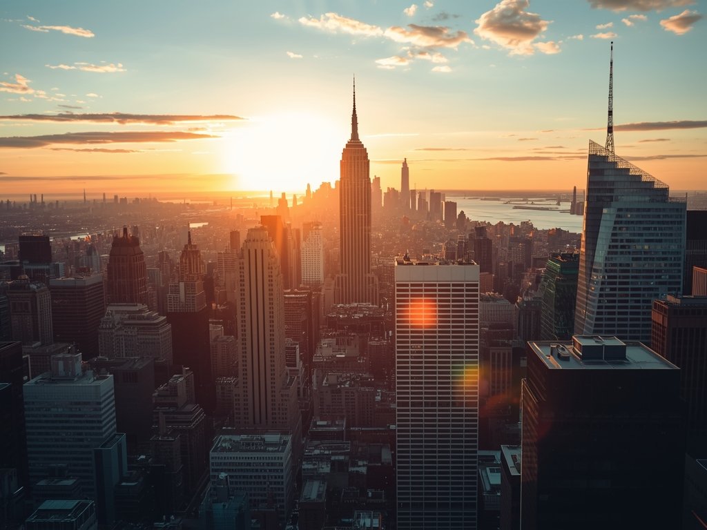 A cinematic drone shot of the Manhattan skyline at sunset,