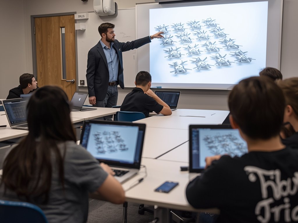 A classroom setting where students are using laptops to simulate