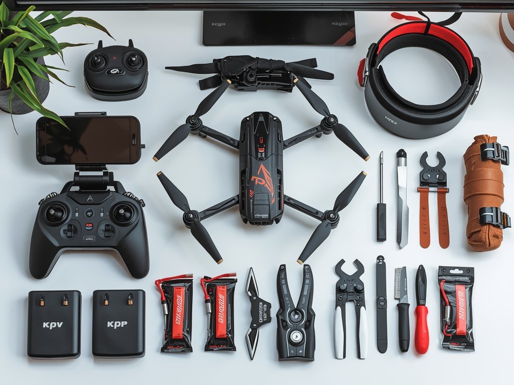 A clean, organized workspace with a racing drone, FPV goggles,