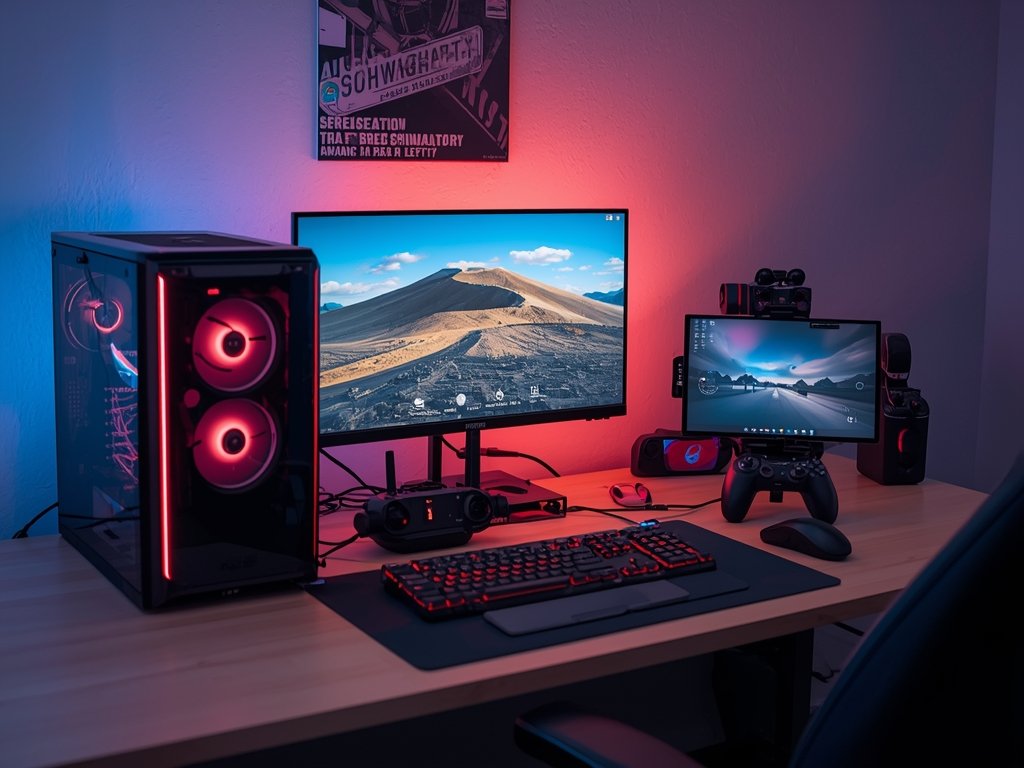 A clean, well-lit desk setup featuring a gaming PC, FPV