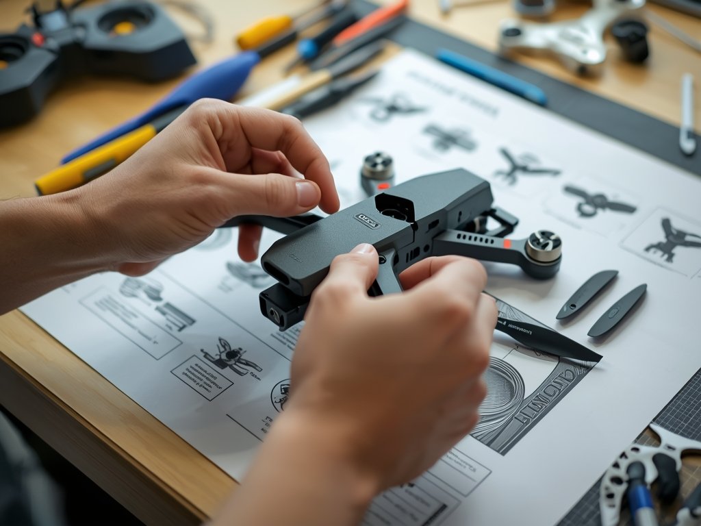 A close-up of a beginner’s hands assembling an FPV drone,
