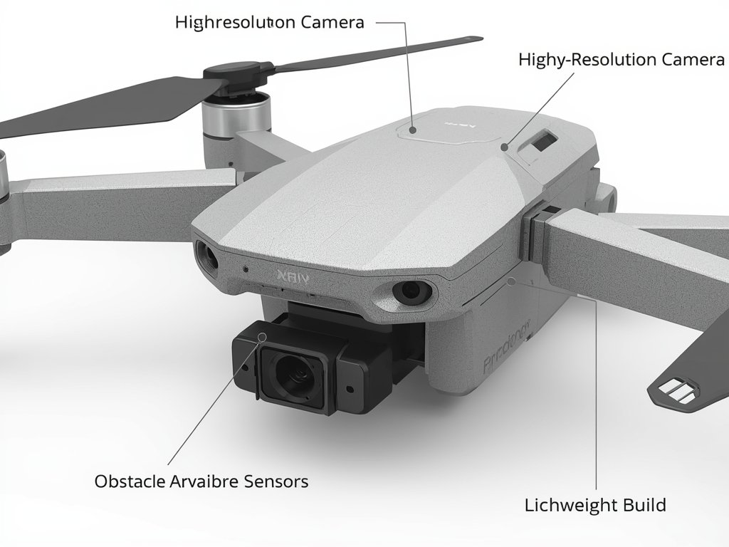 A close-up of a compact drone with labeled features: foldable