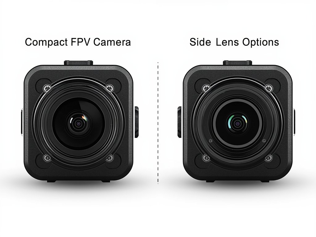 A close-up of a compact FPV camera with a side-by-side
