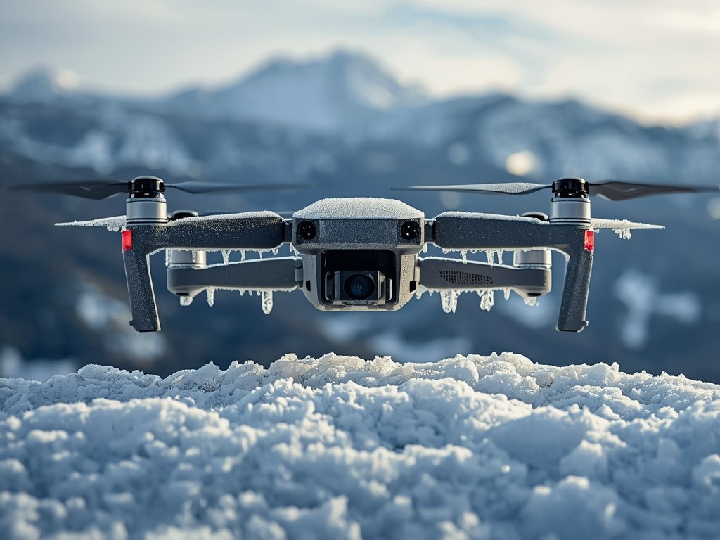 A close-up of a drone battery with frost forming on