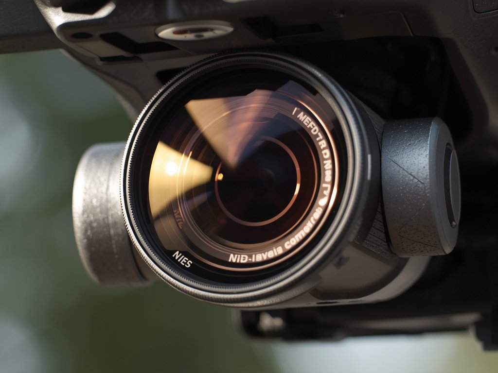 A close-up of a drone camera lens with an ND