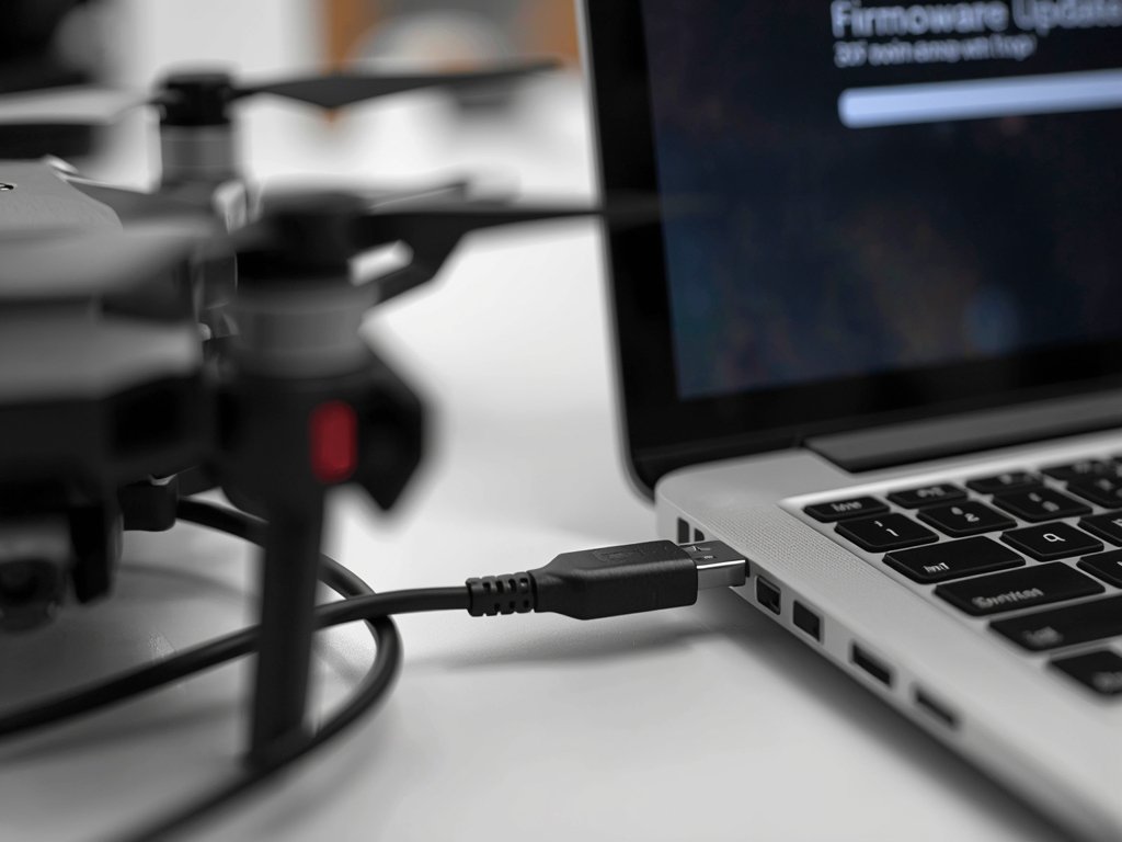 A close-up of a drone connected to a laptop via