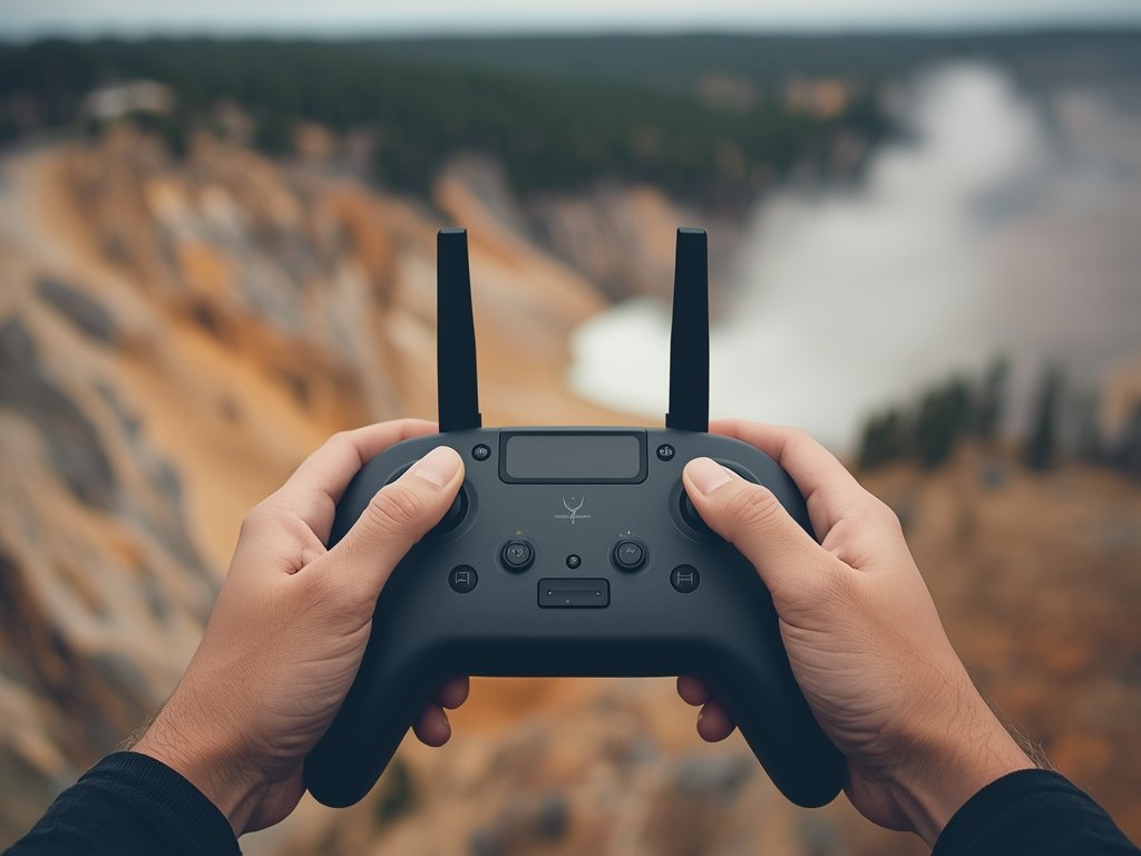 A close-up of a drone controller with a pilot’s hands