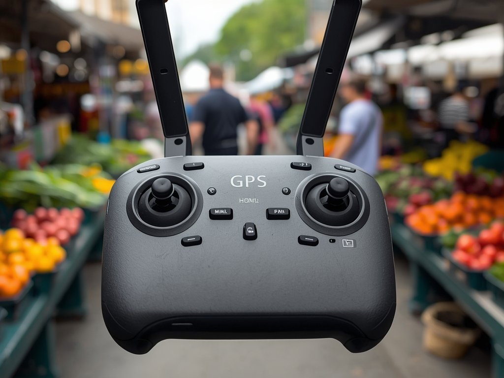 A close-up of a drone controller with highlighted buttons for