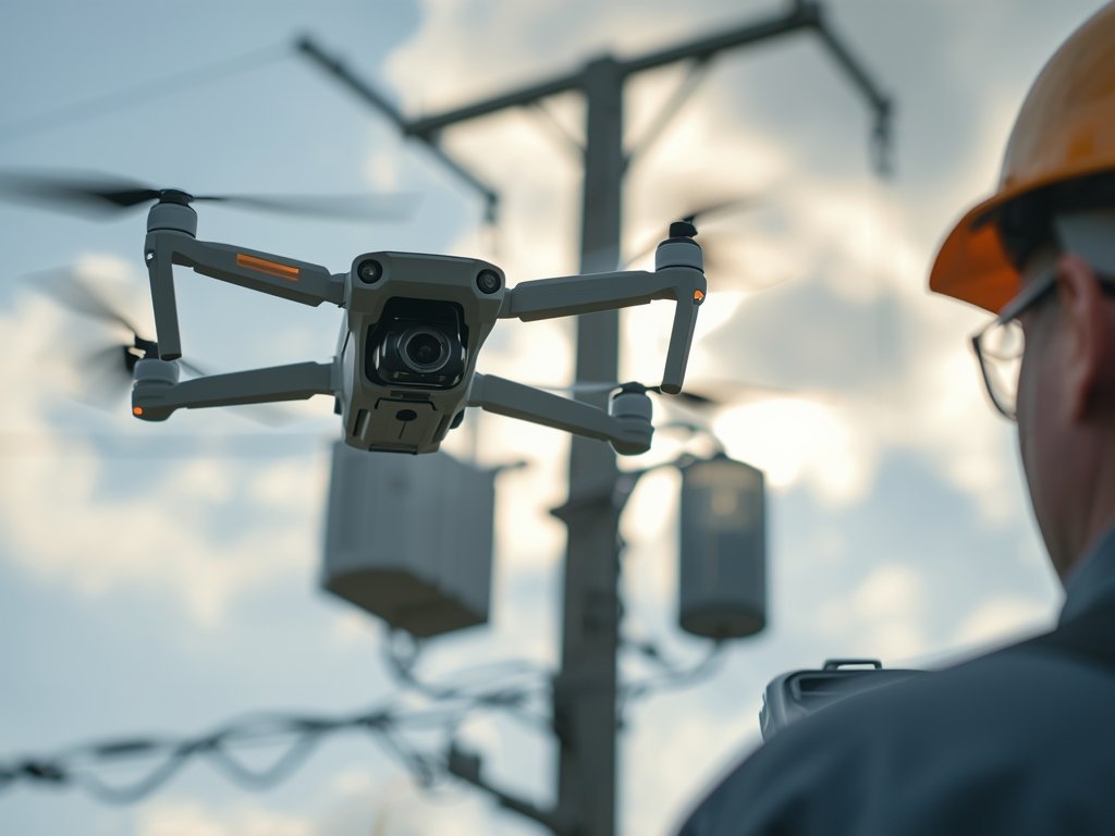 A close-up of a drone hovering near a power line,
