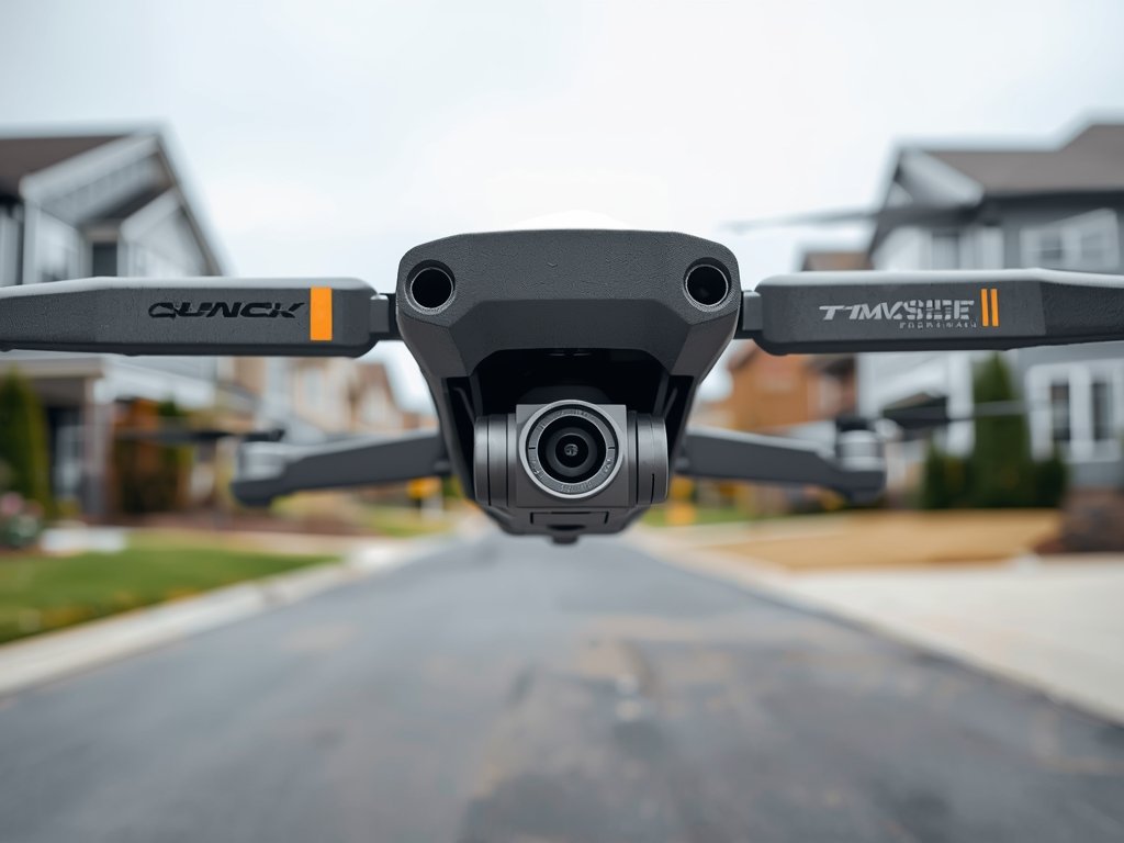 A close-up of a drone with a high-resolution camera, obstacle