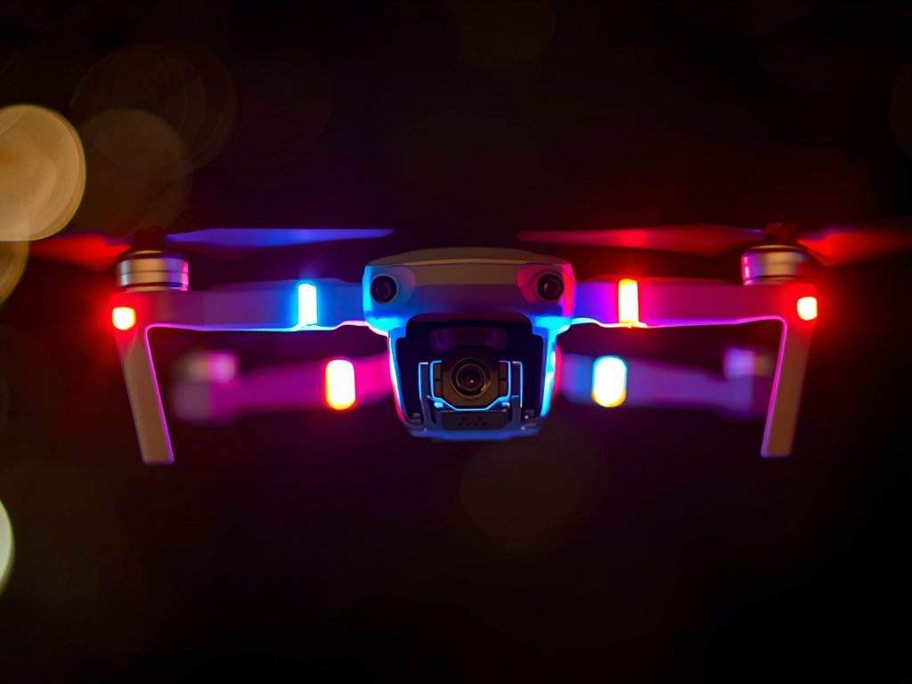 A close-up of a drone with colorful LED strips attached,