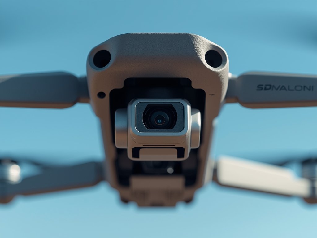 A close-up of a drone's camera gimbal, showcasing its high-resolution