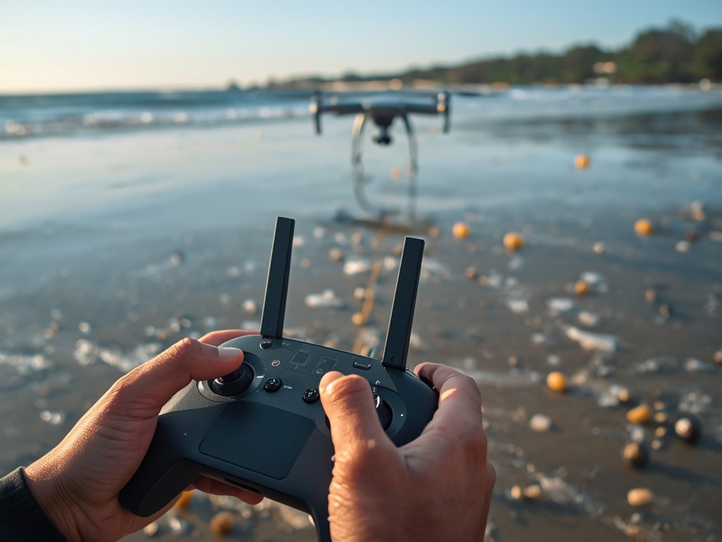 A close-up of a fisherman's hands operating a drone controller,