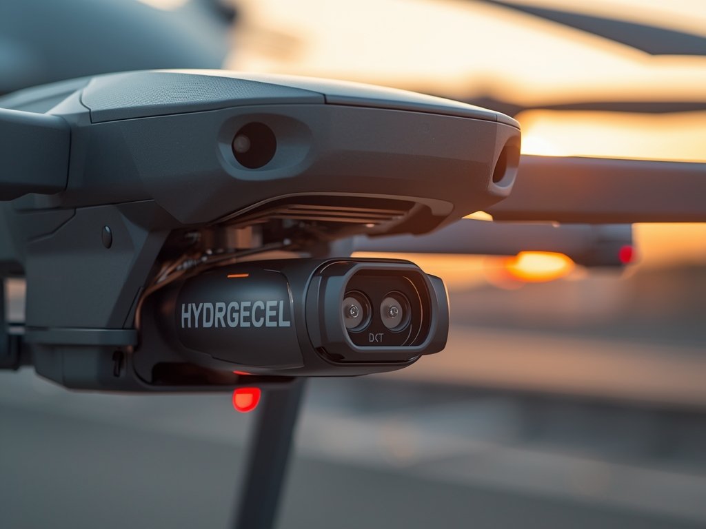 A close-up of a hydrogen fuel cell, with a drone