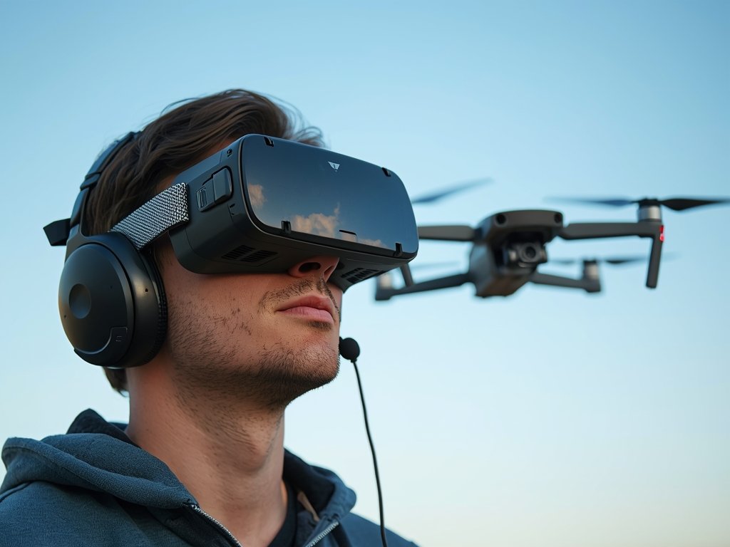 A close-up of a pilot wearing FPV goggles, with a