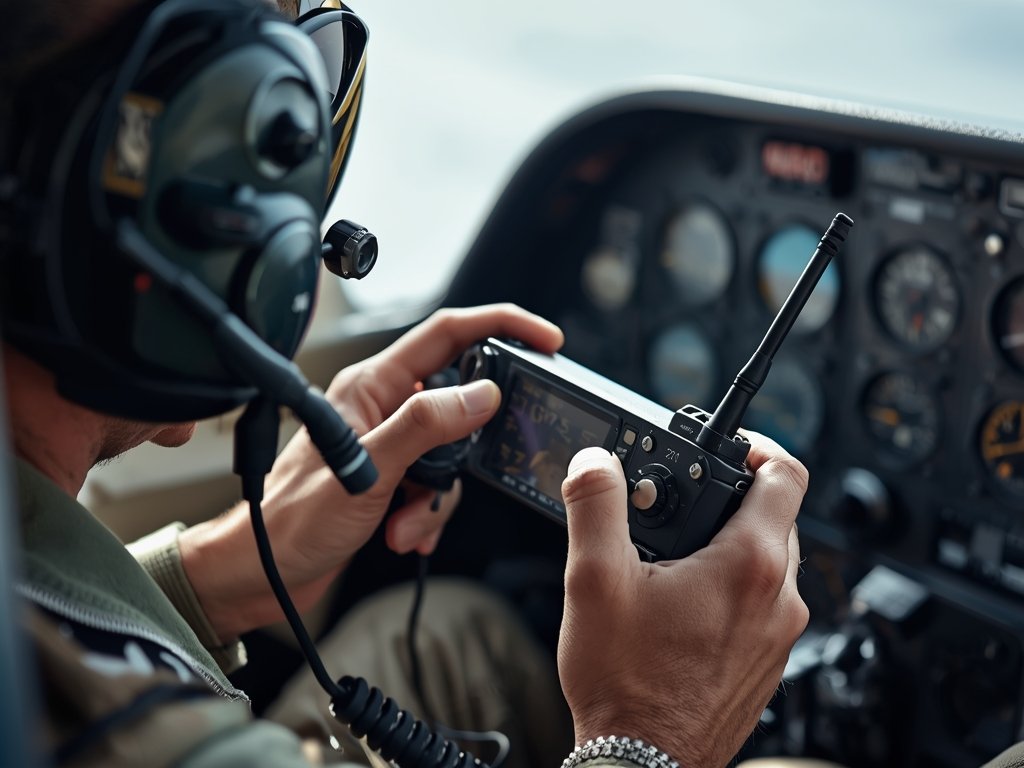 A close-up of a pilot’s hands maneuvering a radio transmitter,