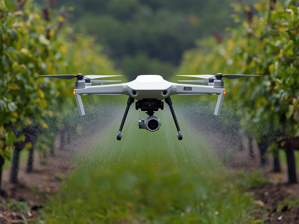 A close-up of a sleek, white spraying drone with multiple